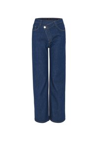 Dark blue denim jeans with a wide-leg cut and an asymmetrical buttoned waistband closure.