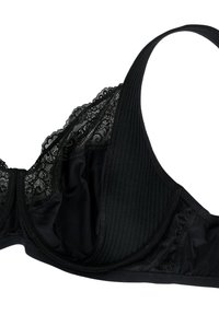 Black bra featuring lace trim, smooth fabric, and ribbed detailing. Includes adjustable straps and an underwire structure for support.