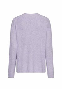 Lila lange mouwen gebreide trui met een ronde hals, zichtbare brei-textuur en raglan-schoudernaden, weergegeven vanaf de achterkant.