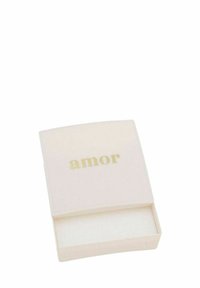Piccolo box rettangolare bianco con testo dorato "amor" sul coperchio, parzialmente aperto che mostra l'interno vuoto foderato.