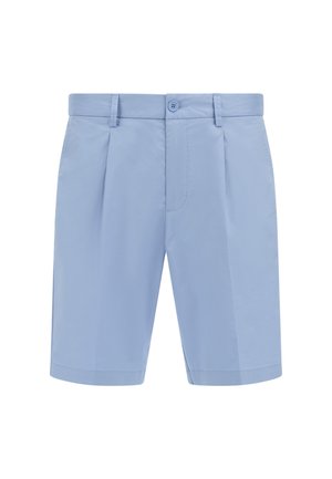 Lichtblauwe shorts met een gladde textuur, voorzien van een rechte voorkant, twee plooien en een knoopsluiting in de taille. Casual ontwerp, knielengte.