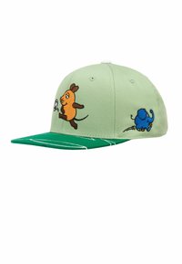 Light green cap with green brim, featuring embroidered orange mouse and blue elephant designs. Cotton material with structured shape.