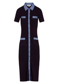 Svart ribbad midiklänning med korta ärmar, blå krage, knapplist och fickkanter i kontrasterande tyg.