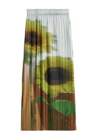 Długa spódnica plisowana z nadrukiem słoneczników w zielonych, żółtych i brązowych odcieniach, z elastycznym pasem i teksturą w pionie.