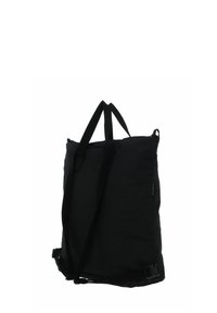 Borsa rettangolare nera in tessuto con due manici e spallacci regolabili, mostrata su sfondo bianco.