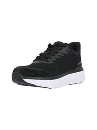 Svart atletisk sko med andningsbart meshupp, texturerade panelaccentuerningar, vadderad sula och kontrasterande vit mellansula. Snörad design.