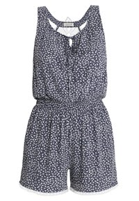 Námorně modrý květinový overal s výstřihem ve tvaru klíčové dírky, elastickým pasem a bílým krajkovým lemem na spodním okraji. Materiál je lehký a vzorovaný.