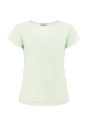 Light green cotton t-shirt with a v-neck, short sleeves, and a textured circular print featuring the words “POSITIVE LIFE” and “MIND CLUB.”