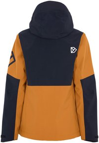 Waterproof jacket featuring a color-block design in navy and orange. Includes a hood and a logo on the back, made from a durable fabric.