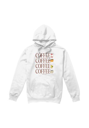 White hoodie with the word "COFFEE" repeated four times, each accompanied by a different illustrated coffee cup on the front.