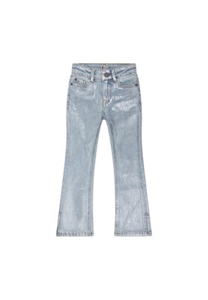 Jeans évasés bleu clair en denim avec une finition brillante. Comprend cinq poches et des détails cousus le long des bords.