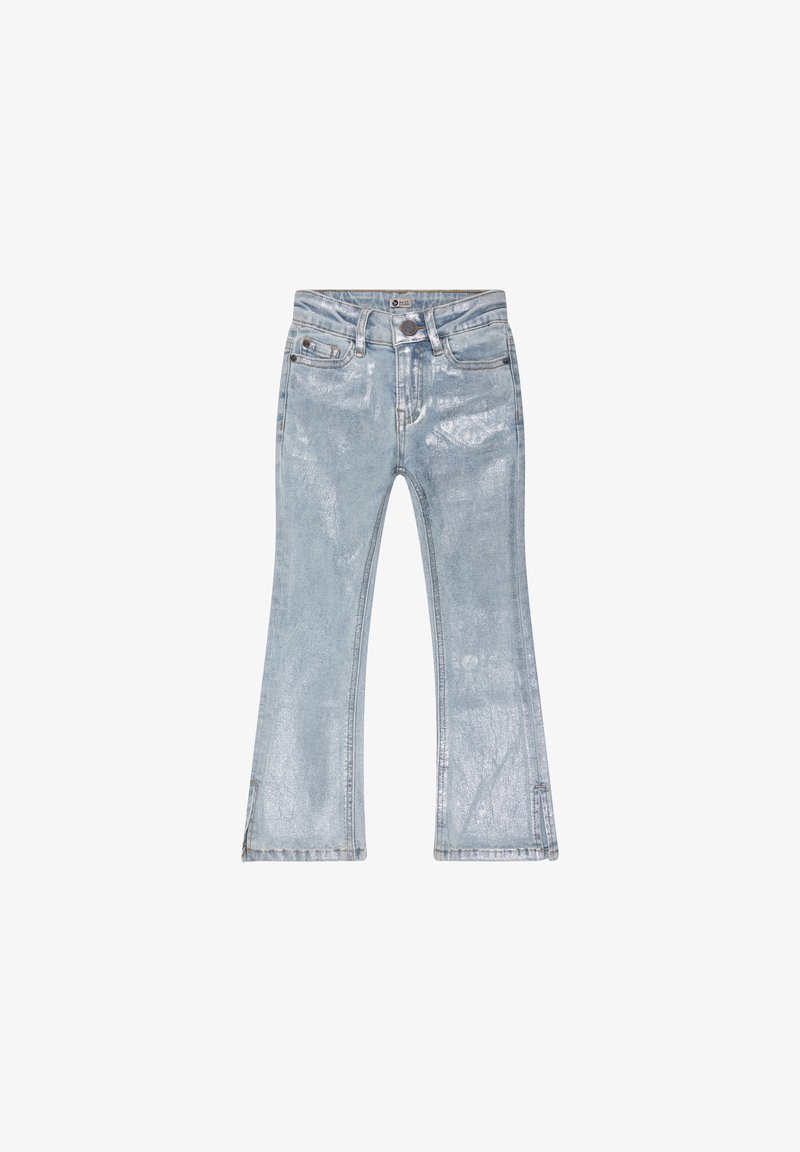 Jeans évasés bleu clair en denim avec une finition brillante. Comprend cinq poches et des détails cousus le long des bords.