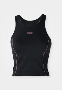 Čierny bezrukávový crop top vyrobený z elastického materiálu, so ružovými švami a malým logom Nike na prednej strane. Hladká textura.