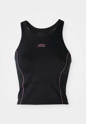 Svart ermeløs crop topp laget av elastisk stoff, med rosa søm og en liten Nike-logo på forsiden. Glatt tekstur.