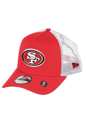 Red and white mesh baseball cap with San Francisco 49ers logo on front and adjustable snapback closure.