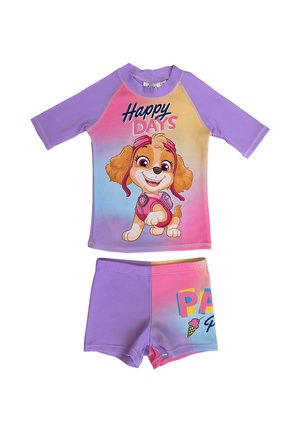 Children's two-piece swimwear with purple and pink gradient colors, featuring a smiling cartoon dog and the text "Happy Days" on the top.