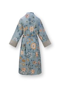 Floral patterned robe in blue fabric with textured stripes, featuring a belt and wide sleeves, adorned with various colored embroidered flowers.