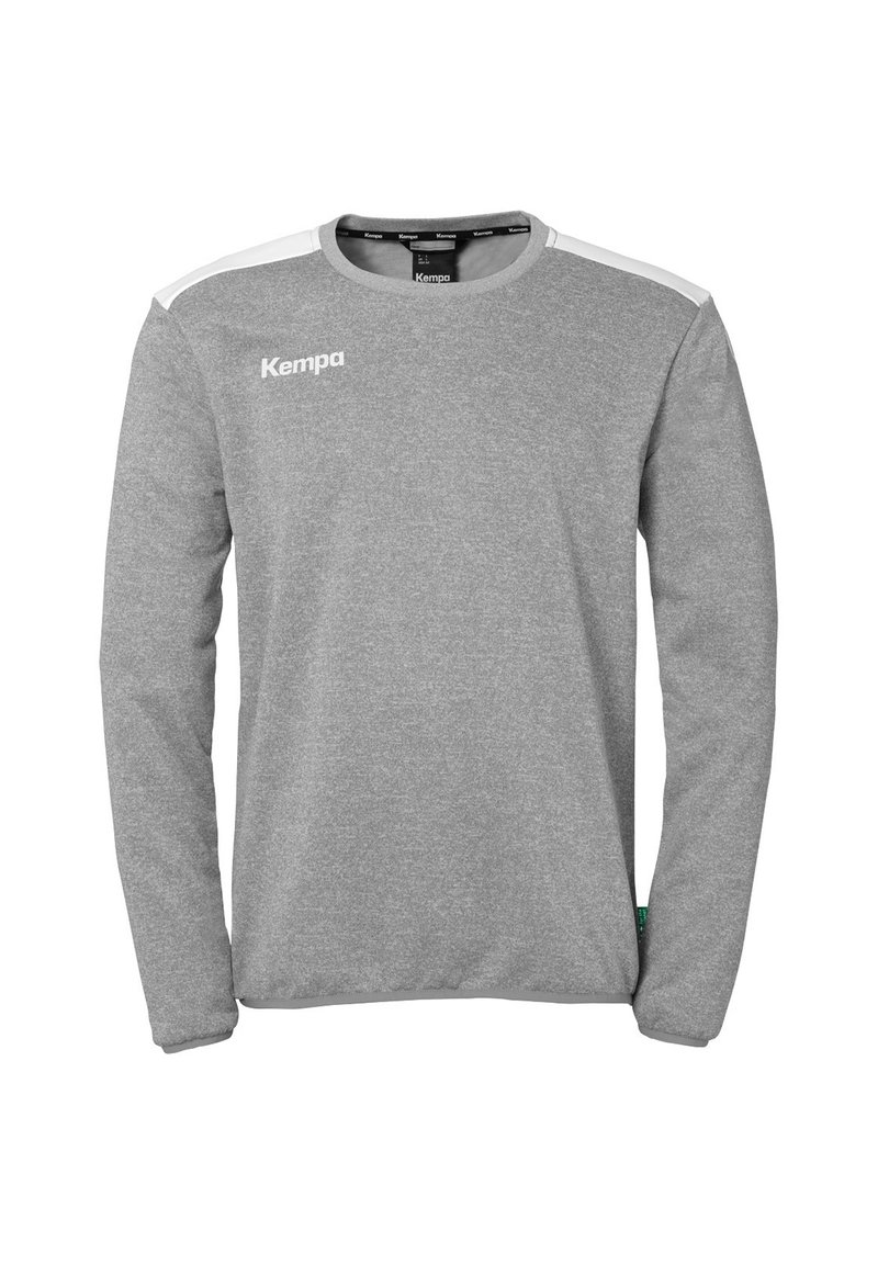 Grauer langärmeliger Sweatshirt aus weichem Stoff, mit Rundhalsausschnitt, weißen Schulterakzenten und einem Logo auf der Vorderseite.