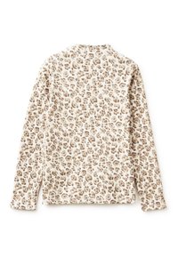 Dlouhý rukáv top v krémově ribované tkanině s hnědým leopardím vzorem. Obsahuje boční rozparky na spodním lemu a kulatý výstřih.