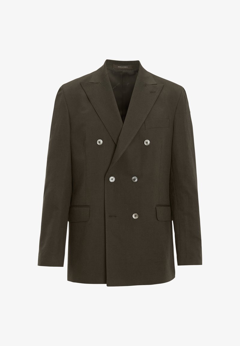 Blazer doppiopetto in verde oliva scuro, realizzato in tessuto strutturato. Presenta bottoni color argento, rever a lancia e due tasche frontali.