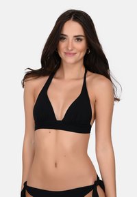 Black bikini top featuring a plunging triangular design, thin straps, and gathered detailing along the band for added texture.