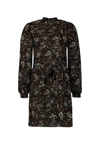 Schwarzes Blumenkleid mit langen Puffärmeln, hohem Kragen und gerafften Taillen-Details aus einem strukturierten Stoff mit bunten Blumenmustern.