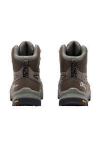 Scarponi da trekking marroni con esterno in mesh e suede, dettagli grigi, colletto imbottito, suola Vibram e logo sulla parte posteriore.