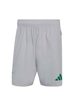 Lysegrå atletikshorts med elastisk talje. Har et grønt Adidas-logo og et lille emblem på venstre ben.