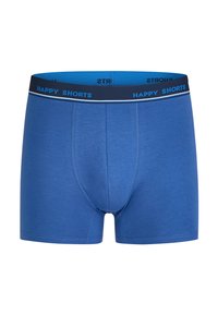 Blue boxer shorts made of soft fabric with a fitted design, featuring a black waistband with "HAPPY SHORTS" text in blue.