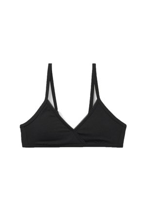 Bralette noire en forme triangulaire, fabriquée en tissu doux. Présente des bretelles fines et un délicat bord festonné le long des bords.