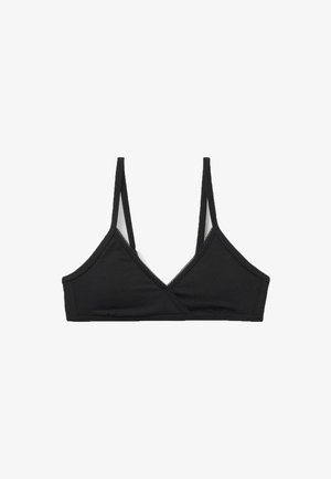 Schwarzer Bralette mit dreieckiger Form, aus weichem Stoff gefertigt. Verfügt über dünne Träger und einen zarten gewellten Saum an den Rändern.