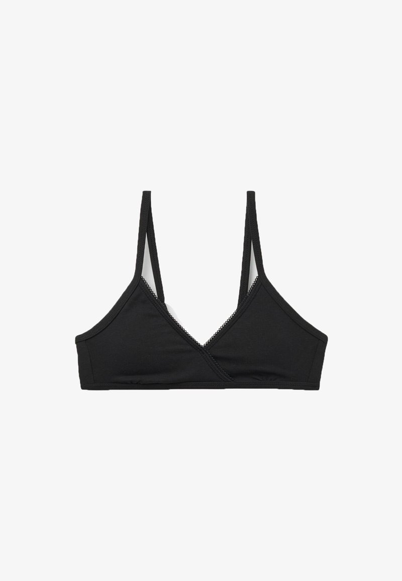 Bralette noire en forme triangulaire, fabriquée en tissu doux. Présente des bretelles fines et un délicat bord festonné le long des bords.