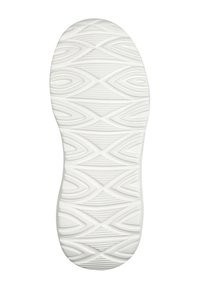 Semelle de chaussure blanche présentant un motif texturé avec des lignes ovales et ondulées pour une meilleure adhérence. Bords lisses et forme légèrement courbée.