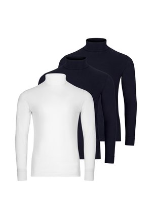 Trzy długie koszulki z golfem z długim rękawem, jedna biała z przodu i dwie czarne za nią, prezentowane na jednolitym białym tle.