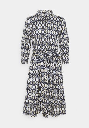 Robe chemise à manches trois-quarts, boutonnée sur le devant, ceinture à la taille, avec un motif rétro en forme de goutte d'eau en bleu marine, blanc et beige.