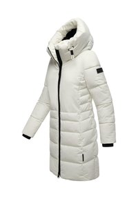 White long padded winter coat with high collar hood, black zipper, and side pockets, shown on angled plain background.