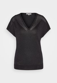 Haut en maille noire à manches courtes avec encolure en V et détails en dentelle sur l'encolure et les épaules, présenté sur fond blanc.