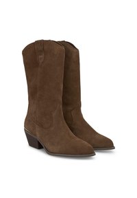 Botas de vaquero de ante marrón con punta afilada, bordes superiores curvados y un tacón de madera apilada. Cuenta con acentos de costura decorativa.