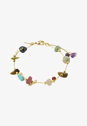 Gold chain bracelet with irregular multicolored stone beads and a lobster clasp closure on a white background.