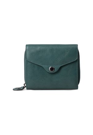Teal leather wallet with a flap closure, silver snap hardware, and zippered side pocket. Smooth texture with visible stitching accents.