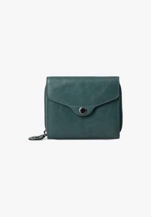 Teal leather wallet with a flap closure, silver snap hardware, and zippered side pocket. Smooth texture with visible stitching accents.