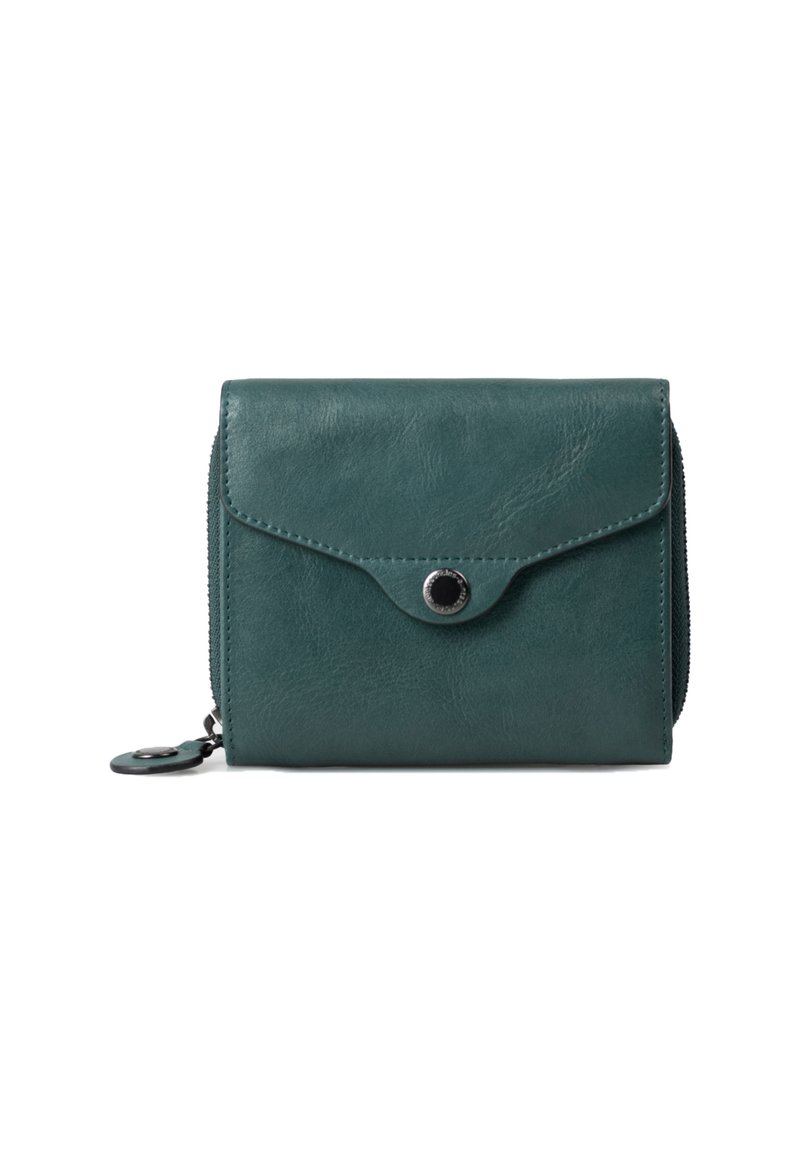 Teal leather wallet with a flap closure, silver snap hardware, and zippered side pocket. Smooth texture with visible stitching accents.
