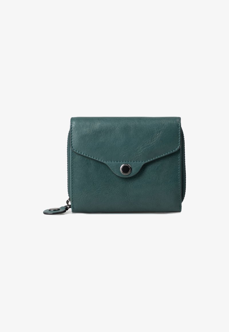 Teal leather wallet with a flap closure, silver snap hardware, and zippered side pocket. Smooth texture with visible stitching accents.