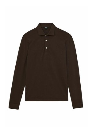 Tmavě hnědá polokošile s dlouhým rukávem a límečkem, se dvěma bílými knoflíky na zapínání, ležící na bílém pozadí.