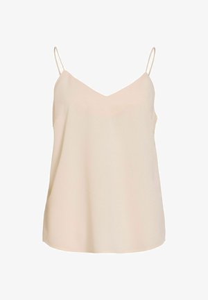 Haut camisole beige sans manches avec fines bretelles spaghetti et encolure en V, en tissu lisse et léger.