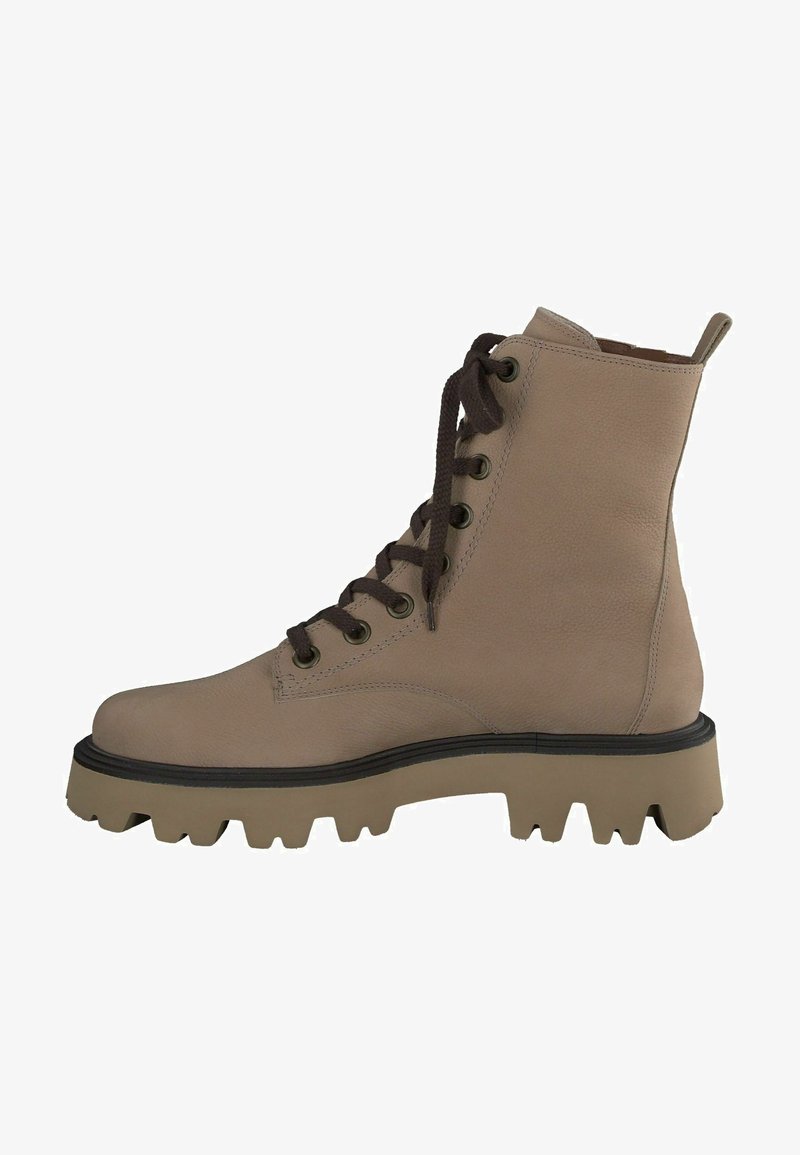 Bottine en cuir beige avec une semelle épaisse couleur tan, bout rond et lacets marron. Détails d'œillets et une languette à l'arrière.