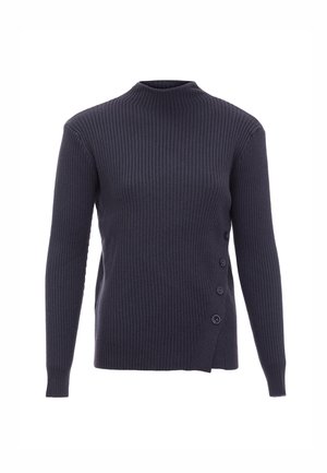 Pulover ribbed de culoare bleumarin închis, cu guler înalt, mâneci lungi și un detaliu cu nasturi pe lateral, având cinci nasturi pe partea stângă.
