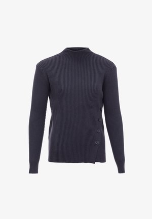 Maglione a coste di un blu navy scuro con collo alla coreana, maniche lunghe e un dettaglio laterale con cinque bottoni sul lato sinistro.