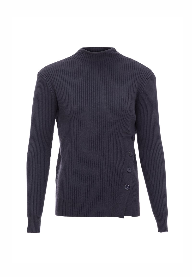 Maglione a coste di un blu navy scuro con collo alla coreana, maniche lunghe e un dettaglio laterale con cinque bottoni sul lato sinistro.