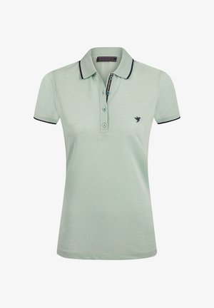 Helles grünes Poloshirt aus weichem Stoff mit einer Drei-Knopf-Leiste, kontrastierendem dunklen Kragen und Ärmelabschlüssen, ausgestattet mit einem kleinen Vogel-Logo.